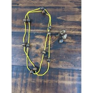 Clip On Earrings &‎ Necklace Set-Brown Stone Gold Tone, Wood & Yellow Beads